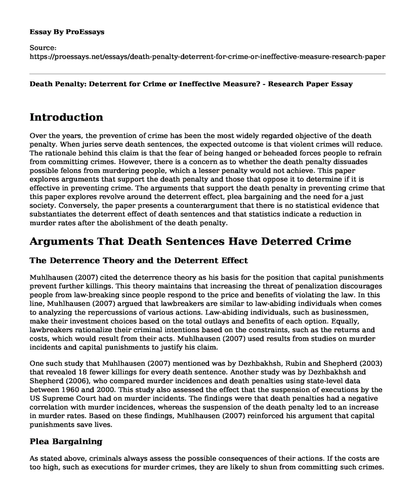 Death Penalty: Deterrent for Crime or Ineffective Measure? - Research Paper