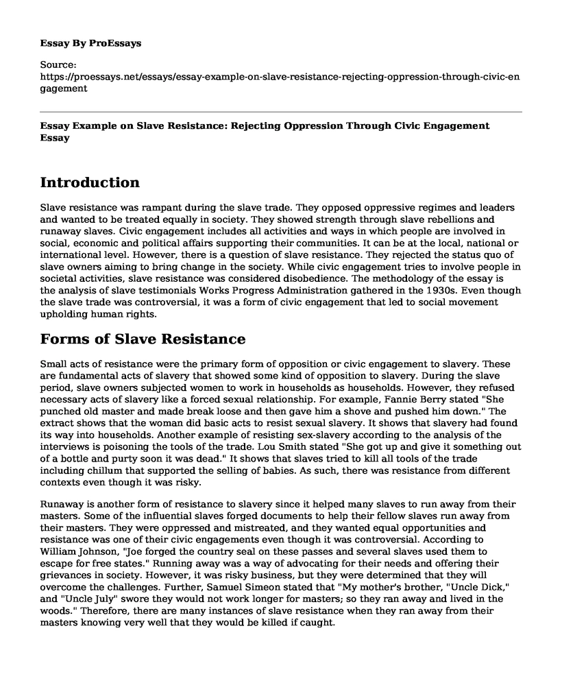 Essay Example on Slave Resistance: Rejecting Oppression Through Civic Engagement