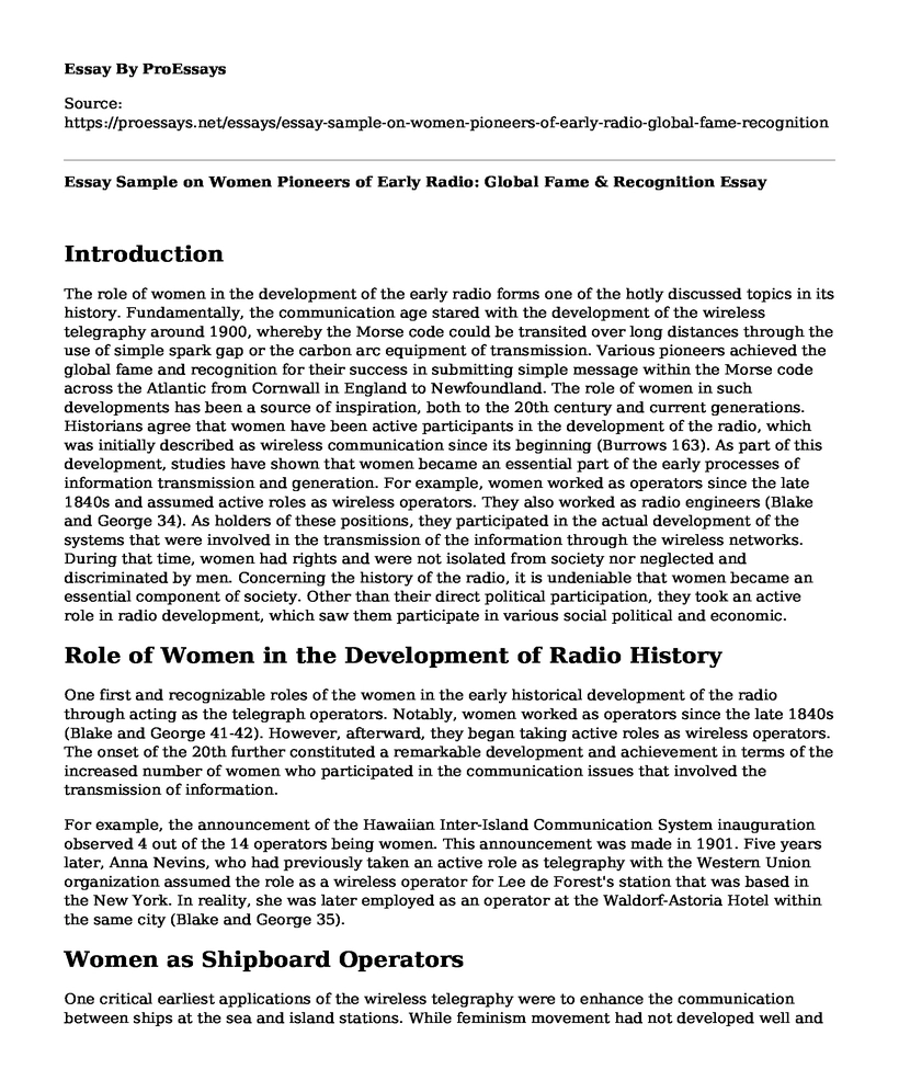 Essay Sample on Women Pioneers of Early Radio: Global Fame & Recognition