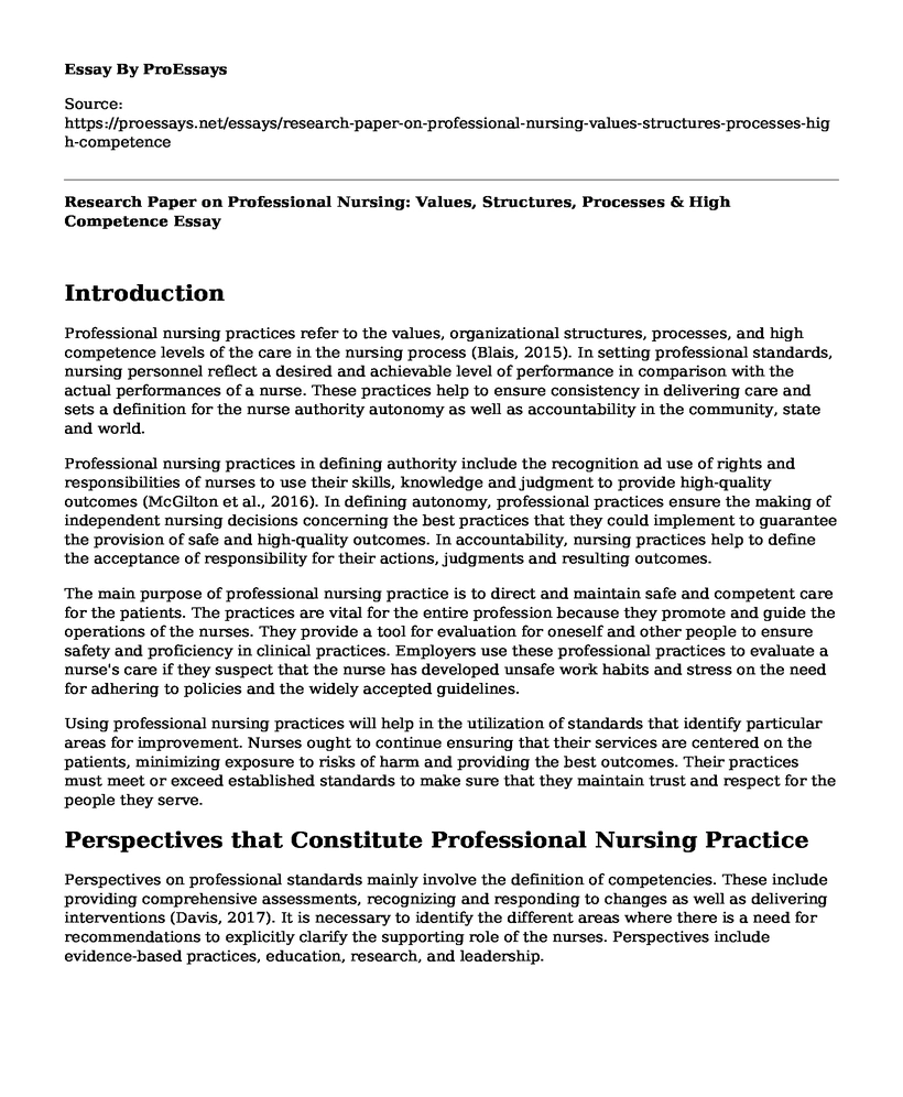 Research Paper on Professional Nursing: Values, Structures, Processes & High Competence