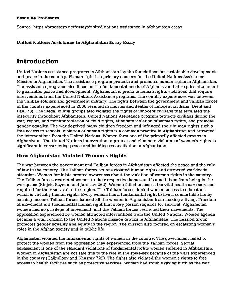 United Nations Assistance in Afghanistan Essay