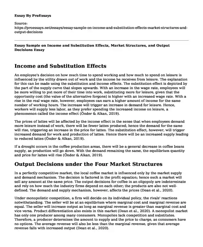 Essay Sample on Income and Substitution Effects, Market Structures, and Output Decisions