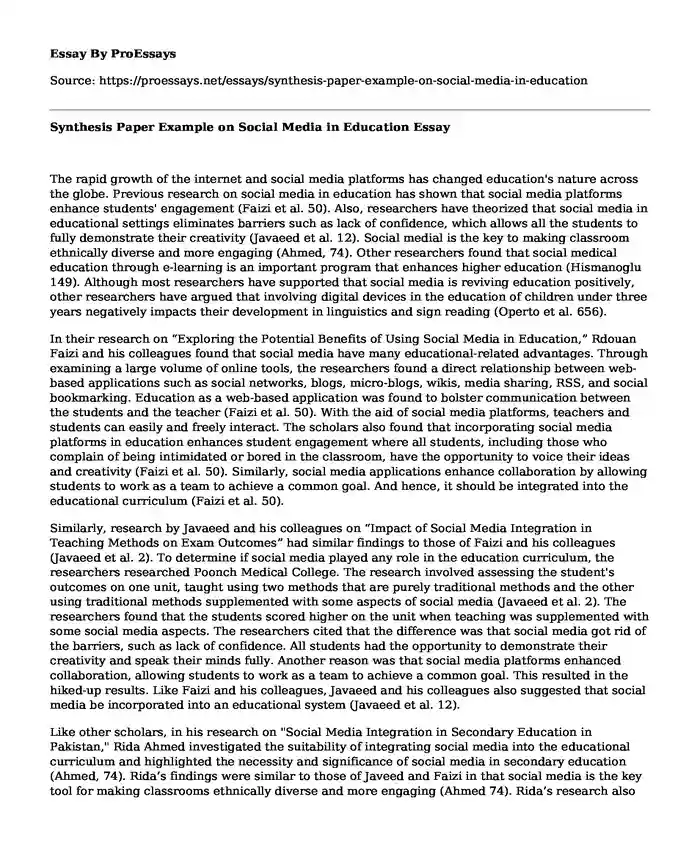 Synthesis Paper Example on Social Media in Education