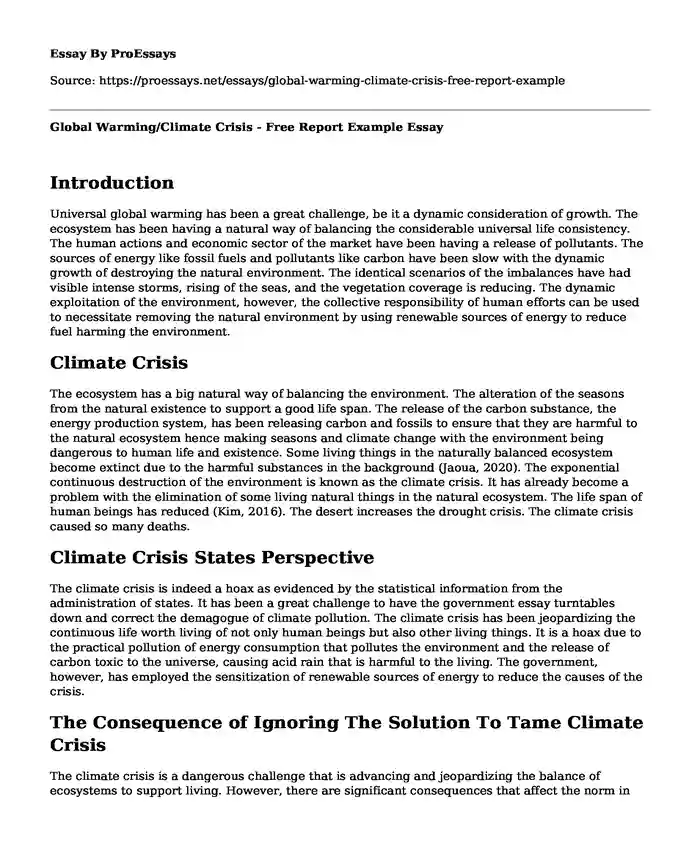 Global Warming/Climate Crisis - Free Report Example