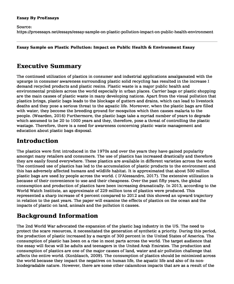 📗 Essay Sample on Plastic Pollution Impact on Public Health