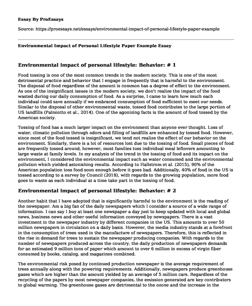 Environmental Impact of Personal Lifestyle Paper Example