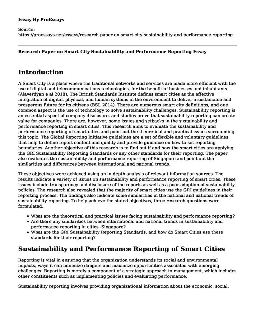 Research Paper on Smart City Sustainability and Performance Reporting