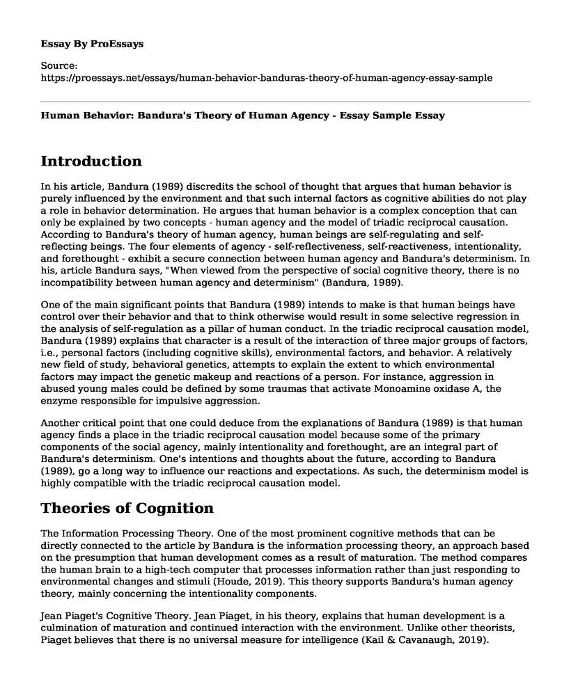 Human Behavior: Bandura's Theory of Human Agency - Essay Sample