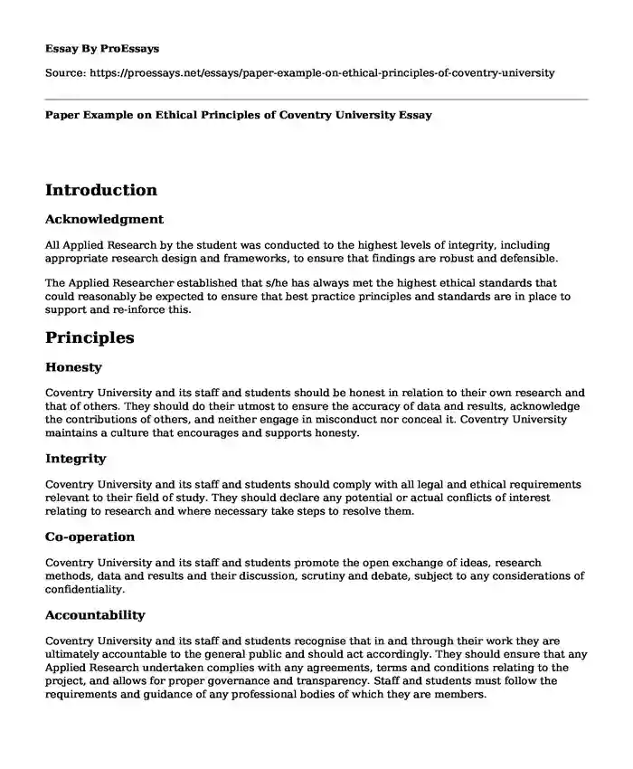 Paper Example on Ethical Principles of Coventry University