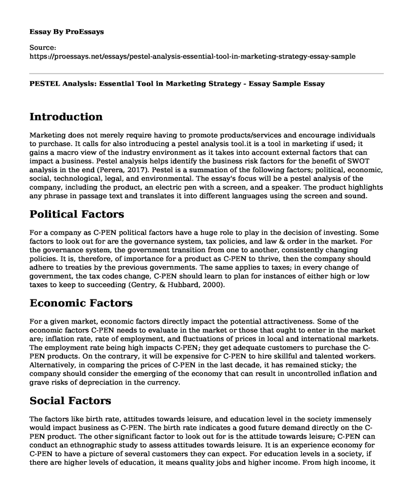 PESTEL Analysis: Essential Tool in Marketing Strategy - Essay Sample