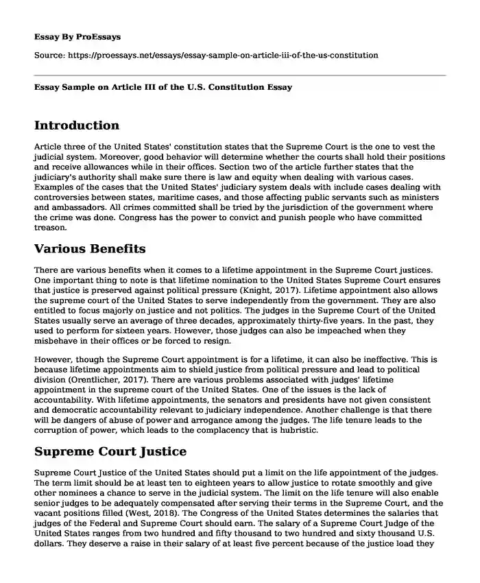 Essay Sample on Article III of the U.S. Constitution