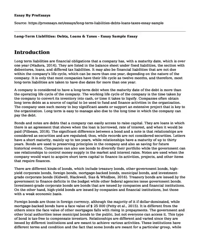 Long-Term Liabilities: Debts, Loans & Taxes - Essay Sample