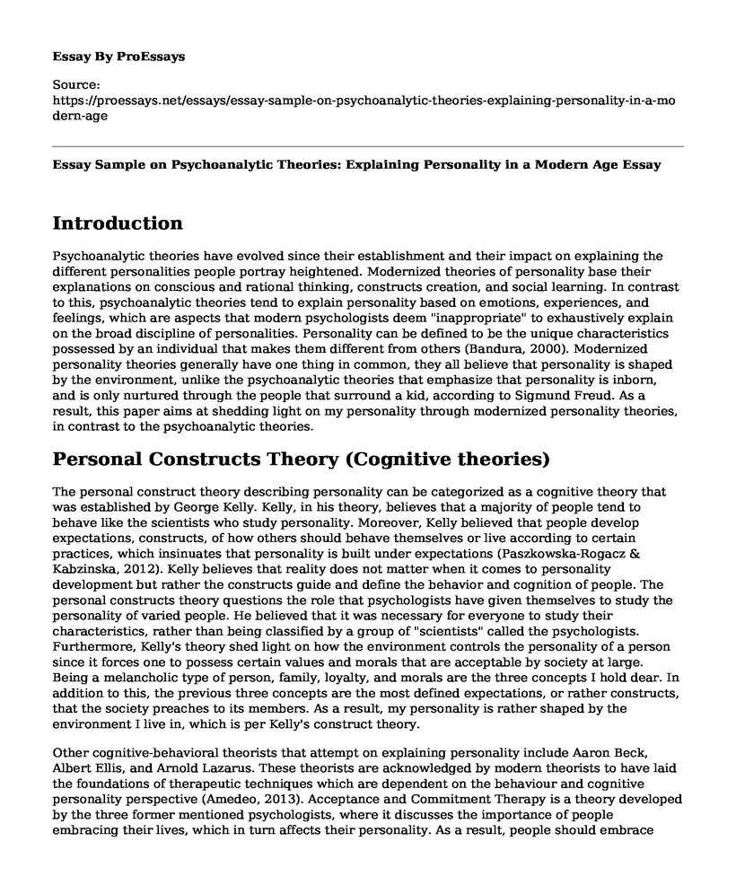 Essay Sample on Psychoanalytic Theories: Explaining Personality in a Modern Age