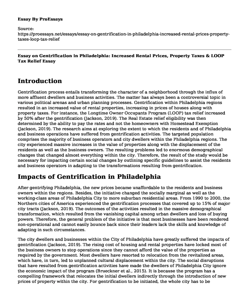Essay on Gentrification in Philadelphia: Increased Rental Prices, Property Taxes & LOOP Tax Relief