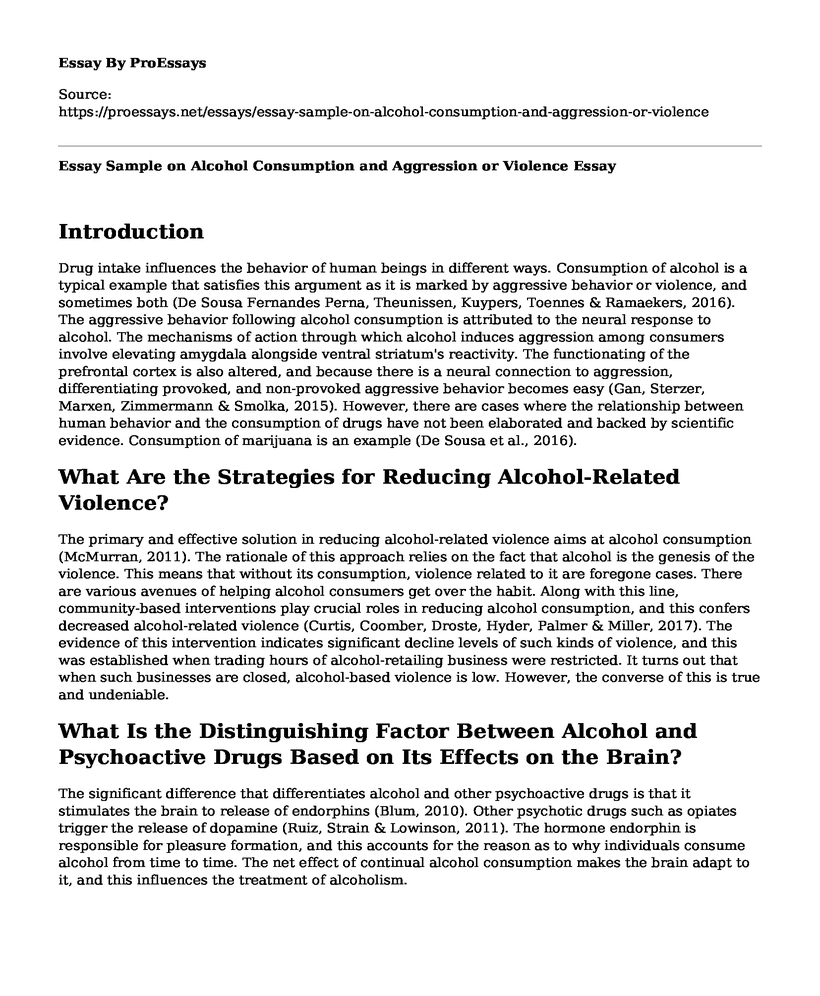 Essay Sample on Alcohol Consumption and Aggression or Violence