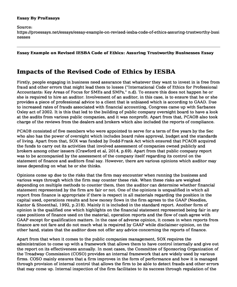 Essay Example on Revised IESBA Code of Ethics: Assuring Trustworthy Businesses