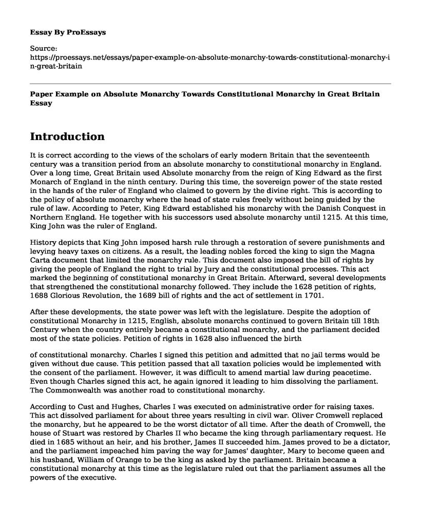 Paper Example on Absolute Monarchy Towards Constitutional Monarchy in Great Britain