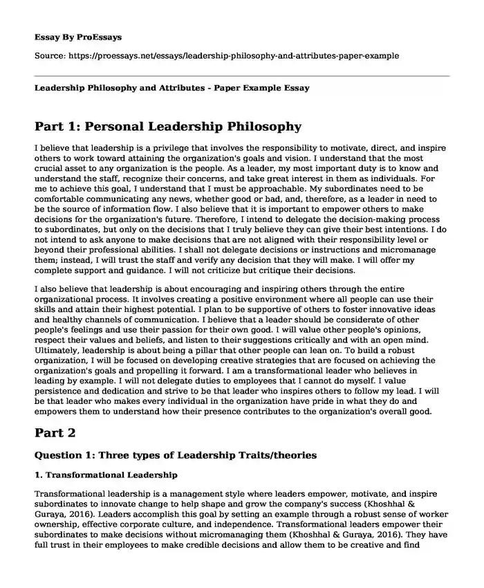 Leadership Philosophy and Attributes - Paper Example
