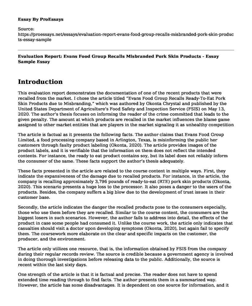 Evaluation Report: Evans Food Group Recalls Misbranded Pork Skin Products - Essay Sample