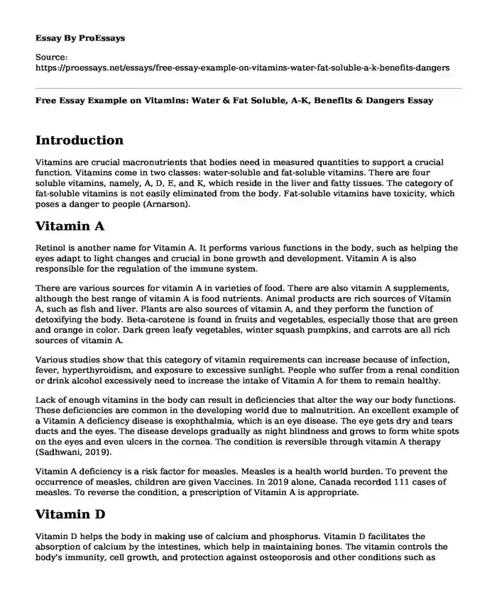 Free Essay Example on Vitamins: Water & Fat Soluble, A-K, Benefits & Dangers