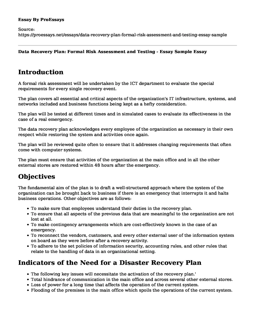 Data Recovery Plan: Formal Risk Assessment and Testing - Essay Sample