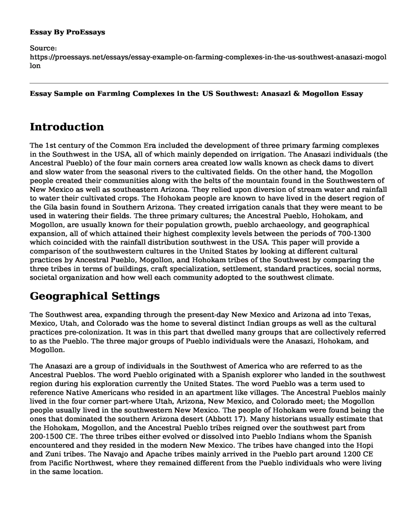 Essay Sample on Farming Complexes in the US Southwest: Anasazi & Mogollon