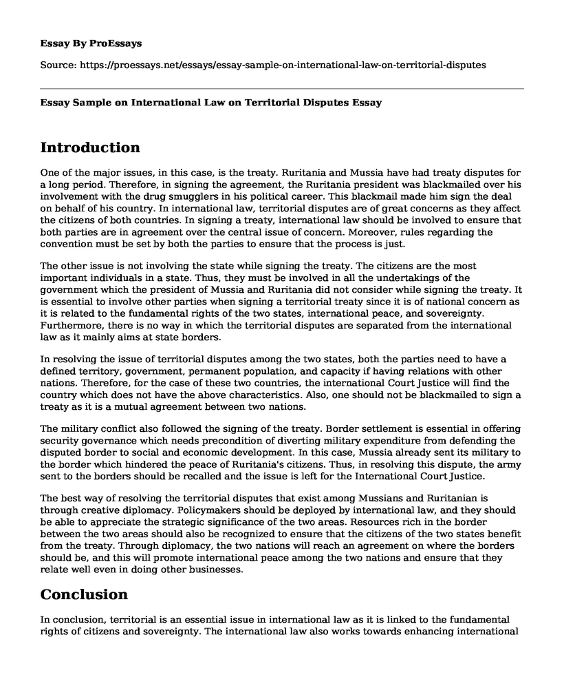 Essay Sample on International Law on Territorial Disputes