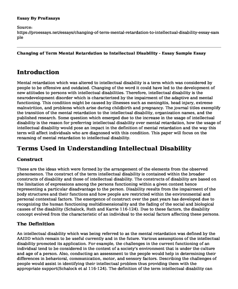 Changing of Term Mental Retardation to Intellectual Disability - Essay Sample