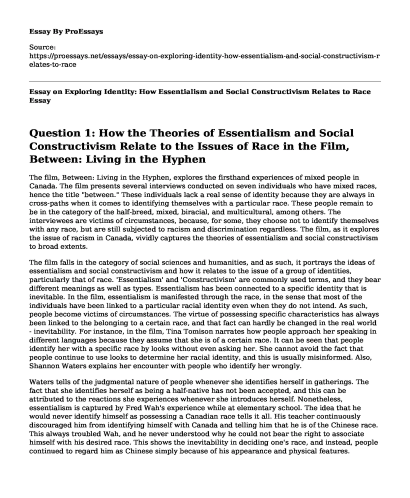 Essay on Exploring Identity: How Essentialism and Social Constructivism Relates to Race