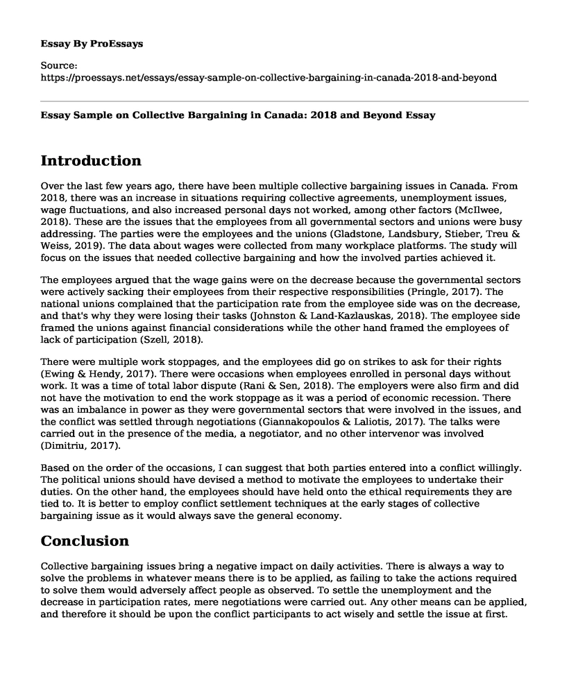 Essay Sample on Collective Bargaining in Canada: 2018 and Beyond