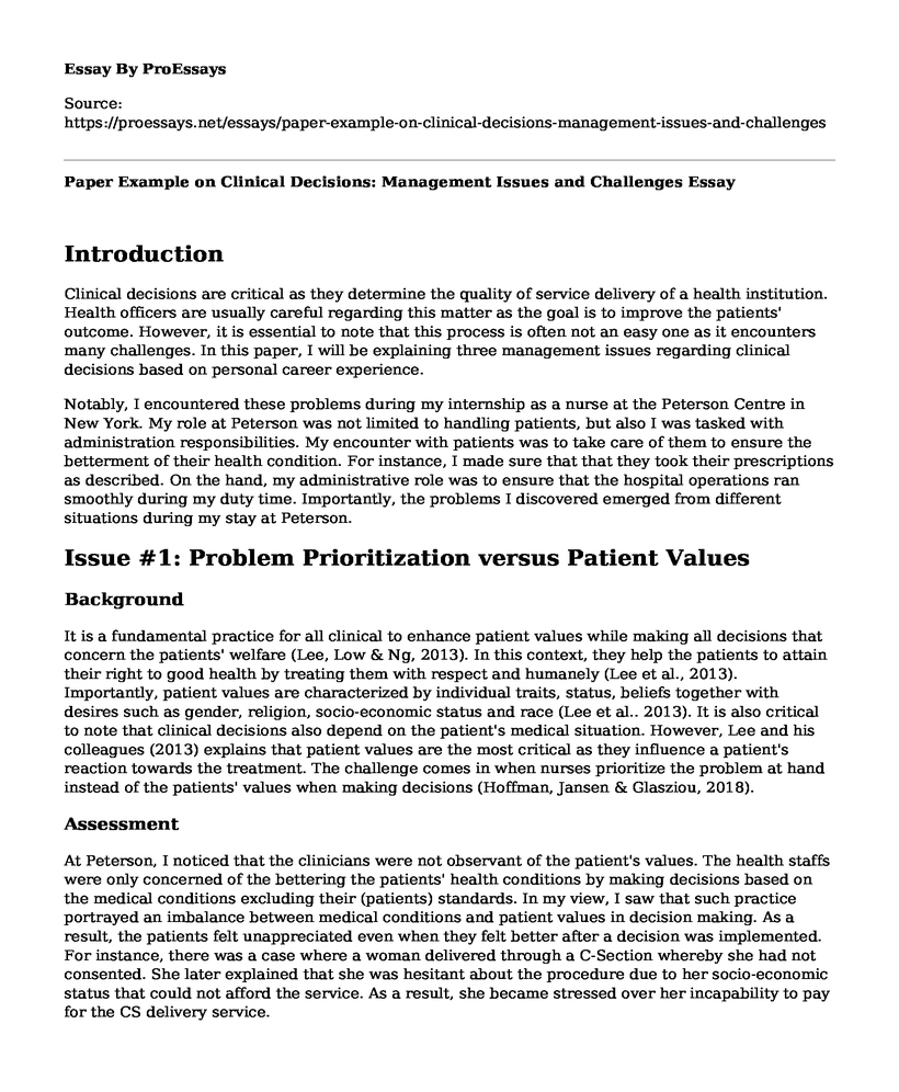 Paper Example on Clinical Decisions: Management Issues and Challenges