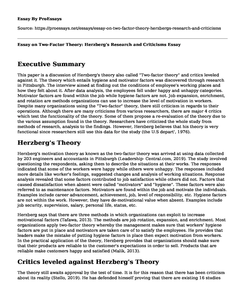 Essay on Two-Factor Theory: Herzberg's Research and Criticisms