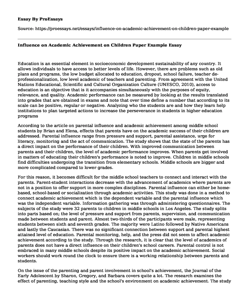 Influence on Academic Achievement on Children Paper Example