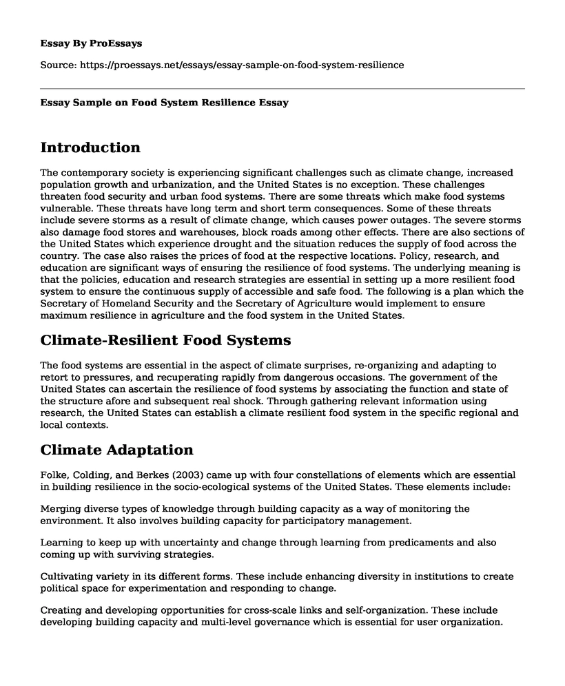 Essay Sample on Food System Resilience