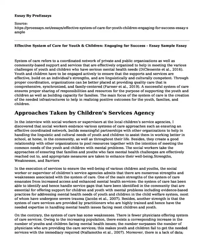 Effective System of Care for Youth & Children: Engaging for Success - Essay Sample
