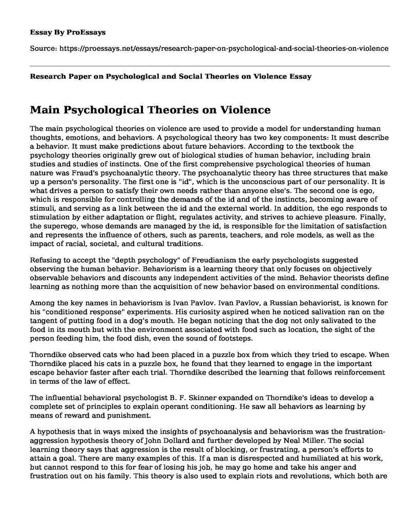 Research Paper on Psychological and Social Theories on Violence