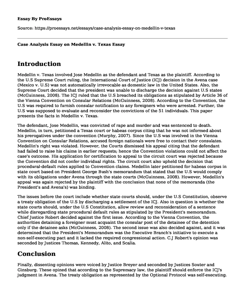 Case Analysis Essay on Medellin v. Texas