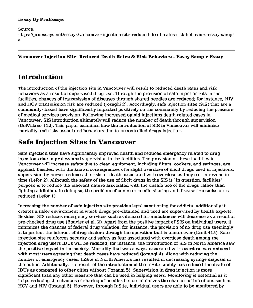 Vancouver Injection Site: Reduced Death Rates & Risk Behaviors - Essay Sample