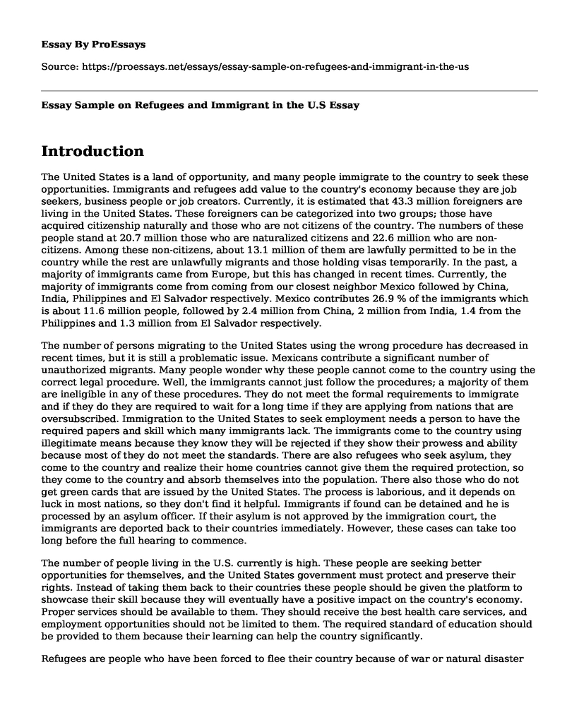 Essay Sample on Refugees and Immigrant in the U.S