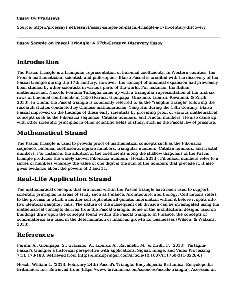 Essay Sample on Pascal Triangle: A 17th-Century Discovery