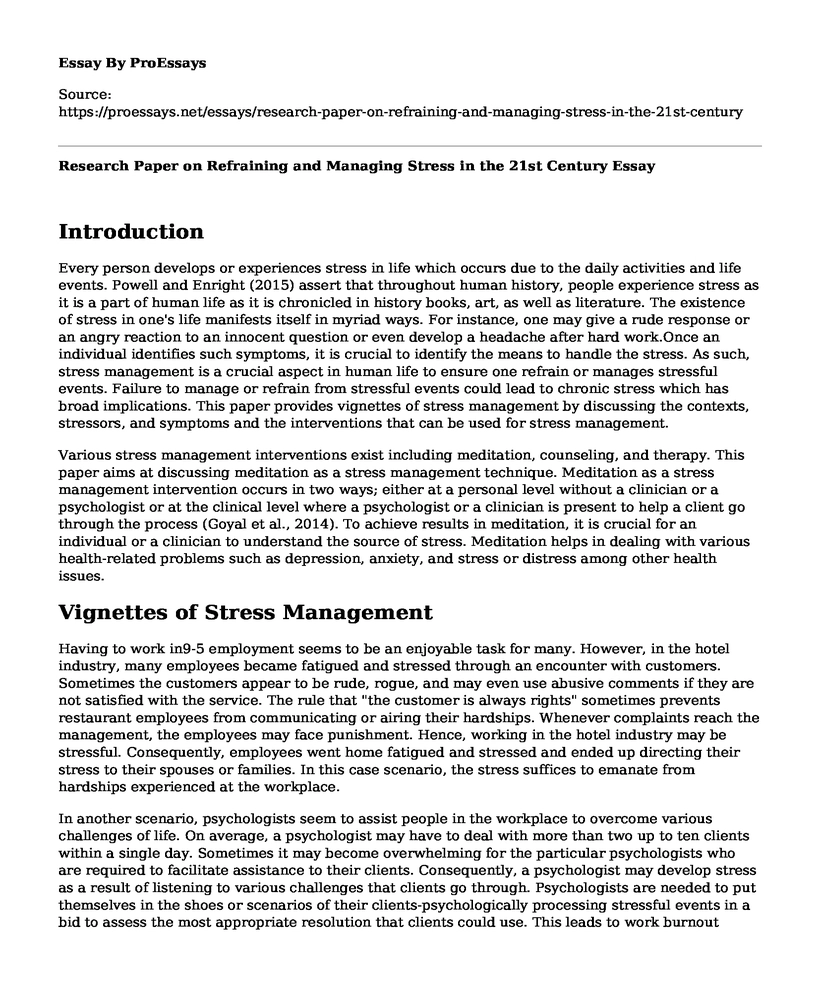 Research Paper on Refraining and Managing Stress in the 21st Century