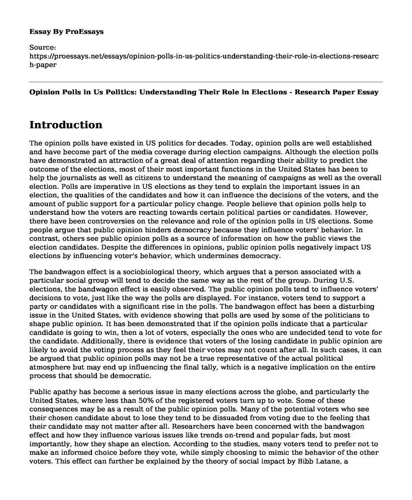 Opinion Polls in Us Politics: Understanding Their Role in Elections - Research Paper