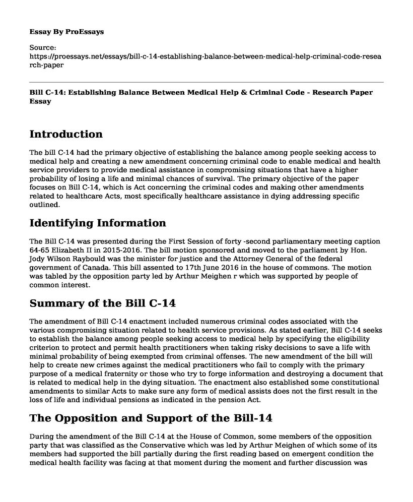 Bill C-14: Establishing Balance Between Medical Help & Criminal Code - Research Paper