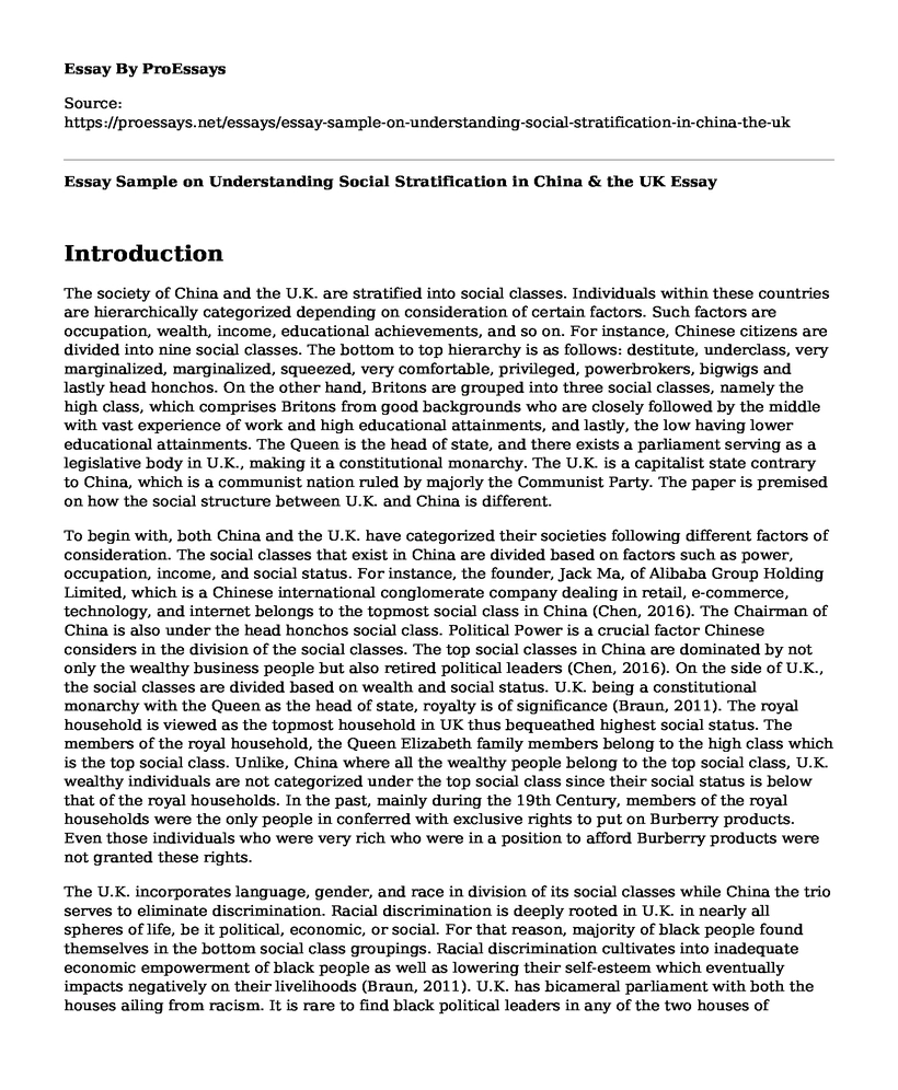 Essay Sample on Understanding Social Stratification in China & the UK
