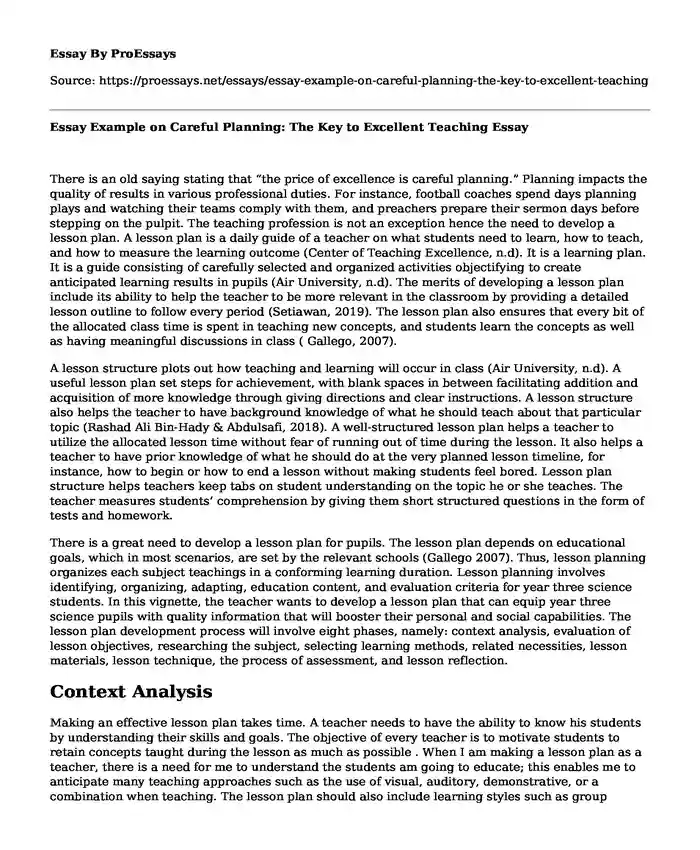 Essay Example on Careful Planning: The Key to Excellent Teaching