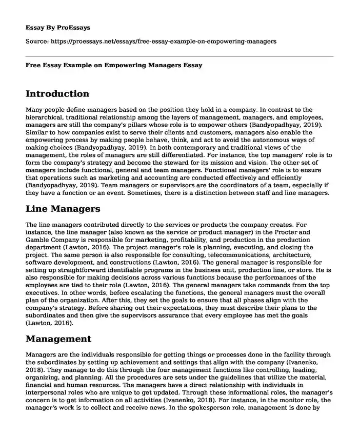 Free Essay Example on Empowering Managers