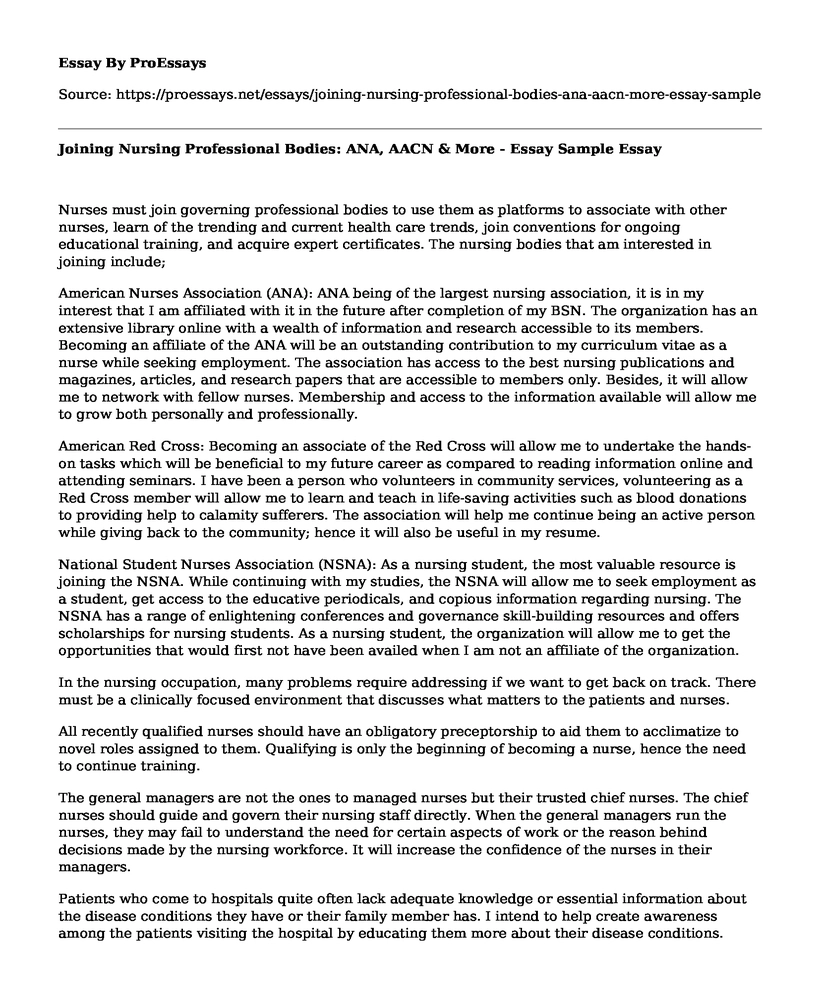 Joining Nursing Professional Bodies: ANA, AACN & More - Essay Sample