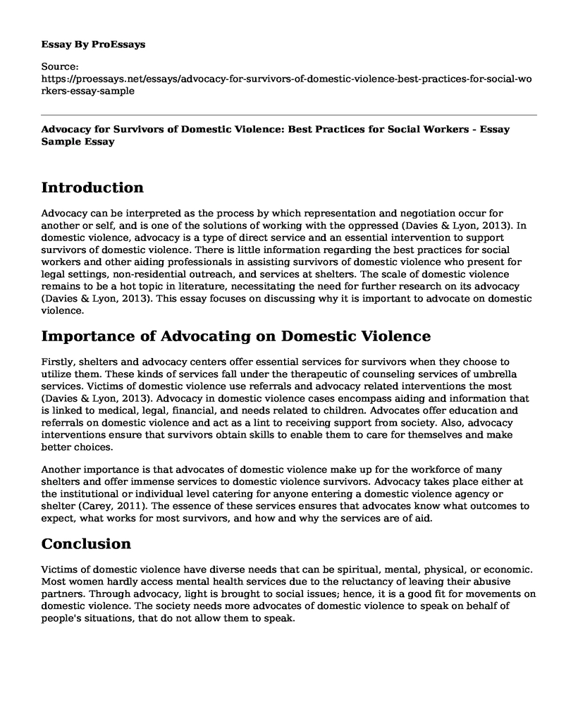 Advocacy for Survivors of Domestic Violence: Best Practices for Social Workers - Essay Sample