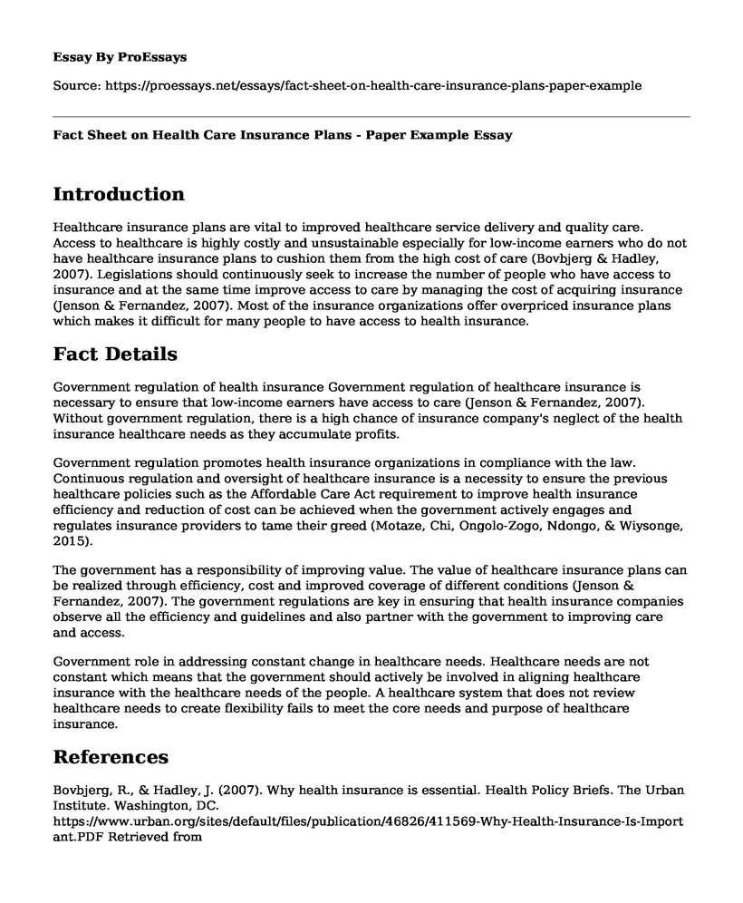 Fact Sheet on Health Care Insurance Plans - Paper Example