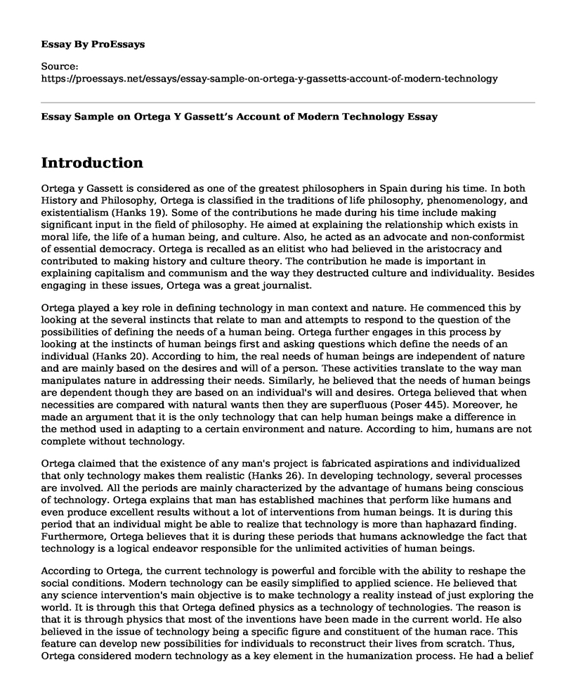 Essay Sample on Ortega Y Gassett's Account of Modern Technology
